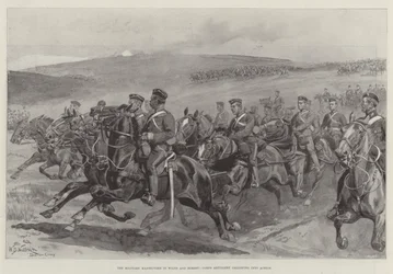 The Military Manoeuvres in Wilts and Dorset, Corps Artillery galloping into Action